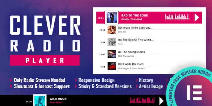 Clever – HTML5 Radio Player With History – Elementor Widget